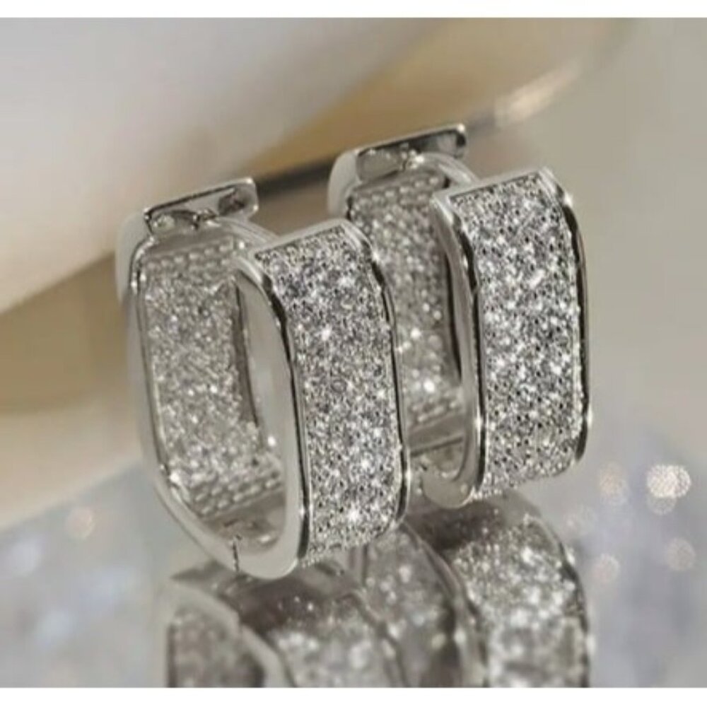 18k White Gold Simulated Diamond Zircon Squared Hoop Earrings